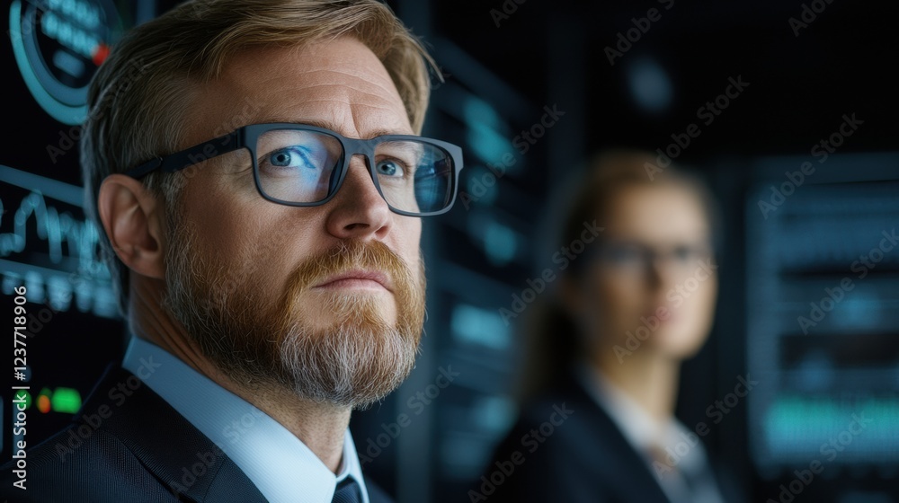 Focused professional in a modern office analyzing data on display screens. Focused professional in a modern office analyzing data on display screens.