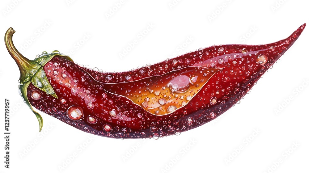 A Single Red Chili Pepper with Water Droplets on a Transparent Background A Single Red Chili Pepper with Water Droplets on a Transparent Background