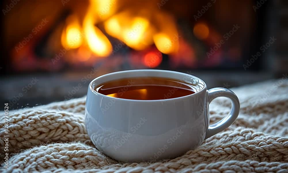 Cozy cup of tea on a knitted blanket with a warm fireplace glowing in the background Cozy cup of tea on a knitted blanket with a warm fireplace glowing in the background