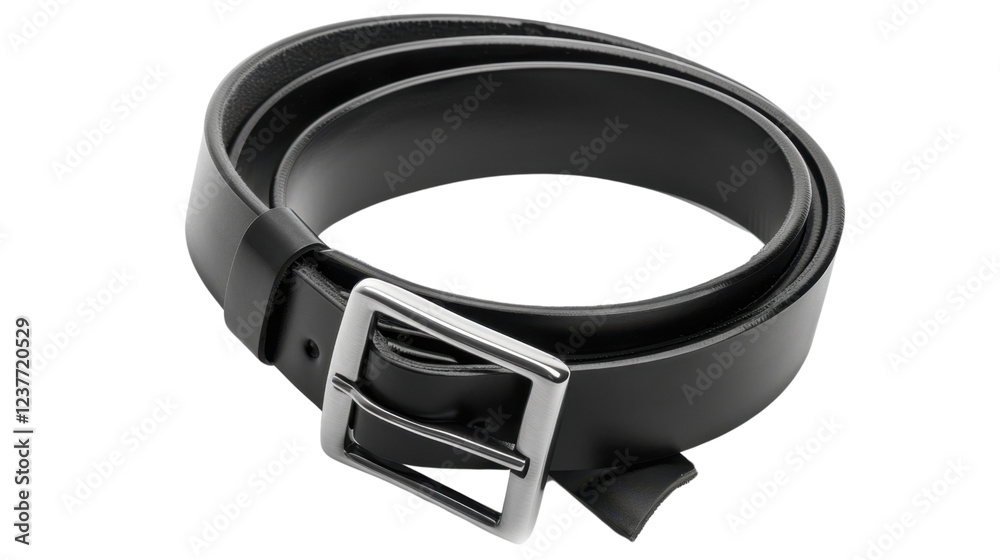 Obraz premium Rolled black leather belt with silver buckle on transparent background