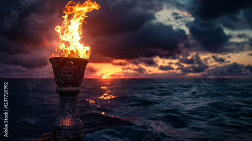 Cartoon pirate torch with burning fire. Isolated vector medieval torchlight casting an eerie glow with dancing flames, illuminate the night, revealing secrets hidden in the darkness of the high seas photo