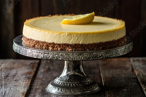 Baked cheesecake with a tangy lemon filling and a crumbly graham crust, displayed on a vintage silver cake stand. photo