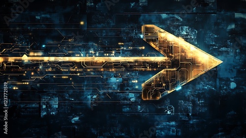 Digital arrow moving forward on circuit board background