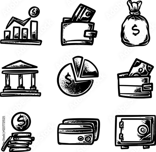 A set of hand-drawn finance icons featuring money, charts, wallets, and credit cards. Perfect for apps, websites, or presentations related to banking, budgeting, and financial planning.
