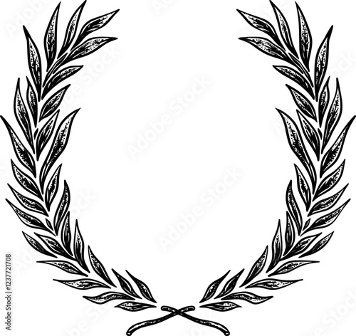 A simple black-and-beige illustration of a laurel wreath, symbolizing victory and honor, with detailed leaves forming a symmetrical oval shape.