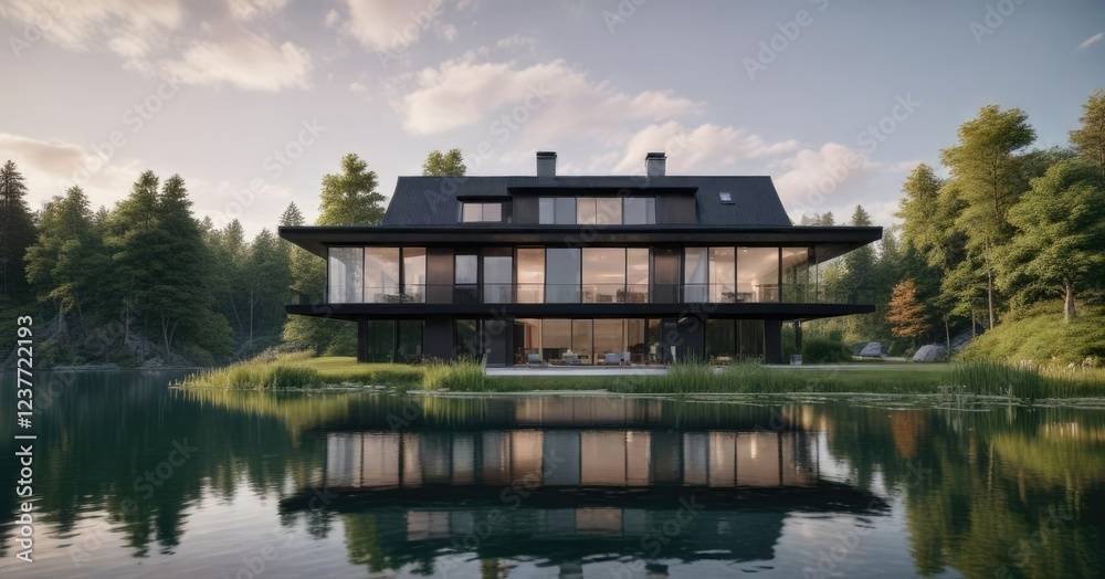 Obraz premium Large modern house with black exterior in the background of a serene lake, dark , large house, lake