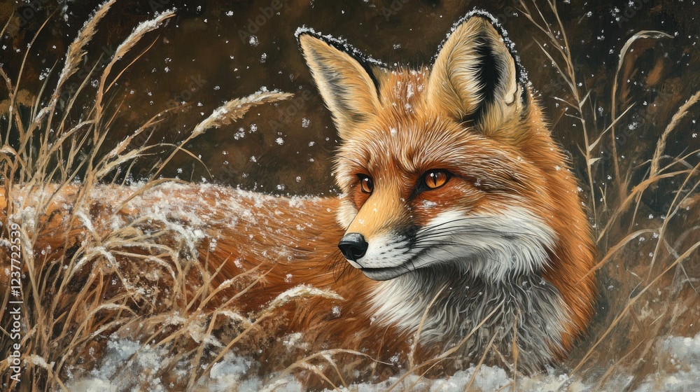 Obraz premium A majestic red fox staring intently, its fur dusted with snowflakes.
