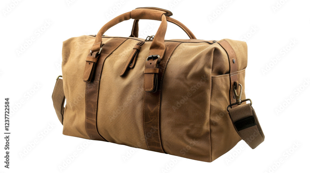 Naklejka premium Classic canvas and leather travel bag isolated on transparent background