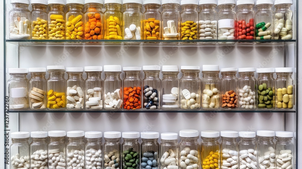 A neatly organized pill bottle shelf with labeled prescriptions for mental health management A neatly organized pill bottle shelf with labeled prescriptions for mental health management