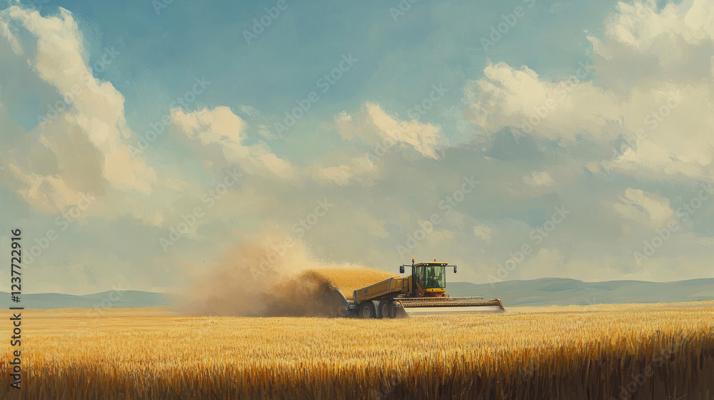 Fototapeta premium Combine harvester delivering harvested grain onto a grain trailer on a farm