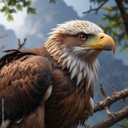 majestic eagle perched on branch with nictitating eyelids partially covering left eye, outdoor scenery, avian wildlife