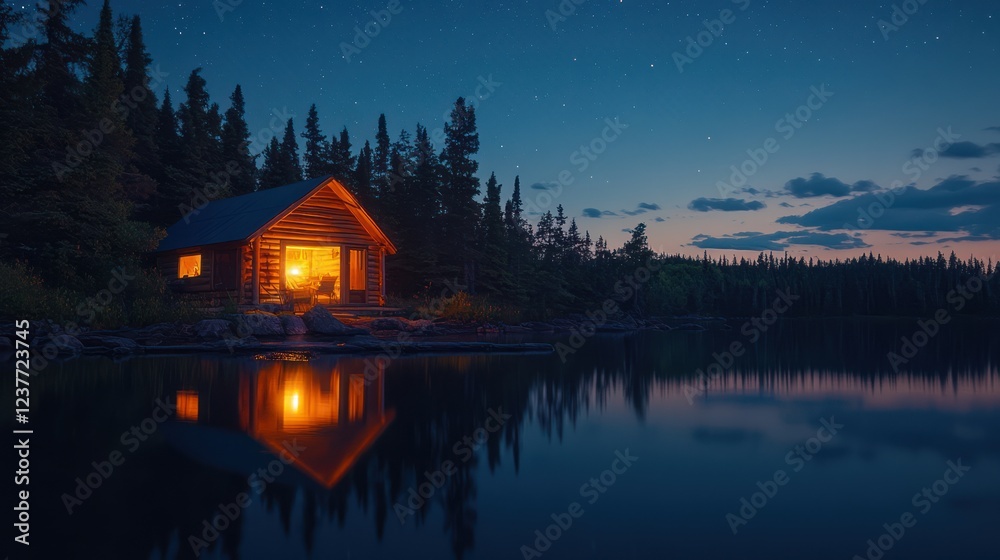 Fototapeta premium Cozy cabin lake night stars reflection tranquility escape