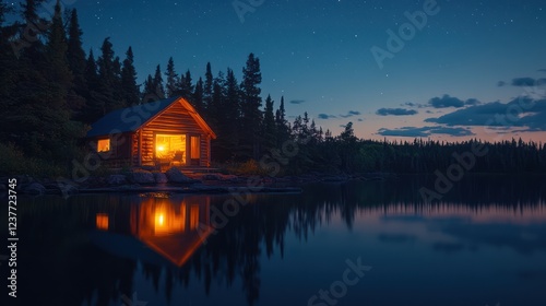Fototapeta Naklejka Na Ścianę i Meble -  Cozy cabin lake night stars reflection tranquility escape