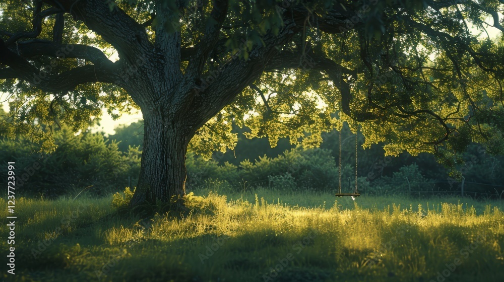 Fototapeta premium Majestic Tree with Swing in Serene Green Landscape at Sunset