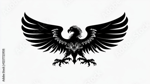 Black and white impressive Imperial eagle silhouette with raised outspread wings and curved talons, head turned in profile for heraldry design photo