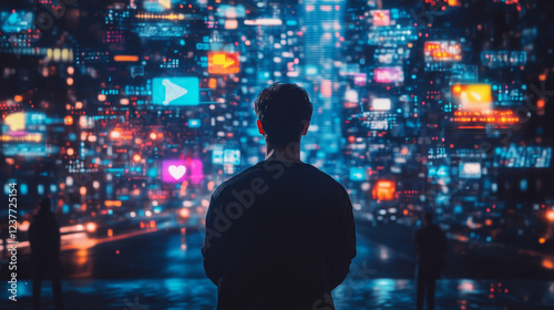 Wallpaper Mural Portrait Of Caucasian Handsome Man Using Smartphone in 3D Cyberspace With Animated Social Media Interfaces, Video Games, Viral Videos, Internet Content. Visualization Of Blockchain Technology Concept. Torontodigital.ca