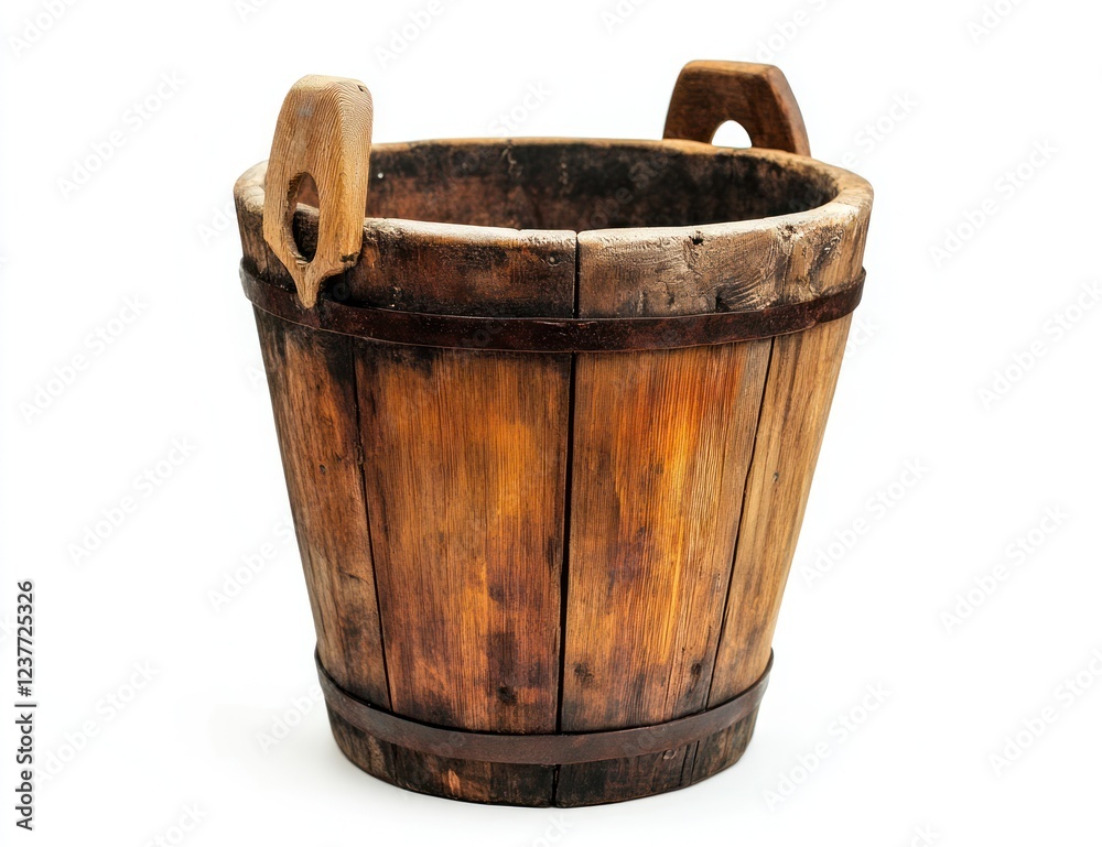 Fototapeta premium Rustic wooden bucket, handles, isolated, white background, home decor