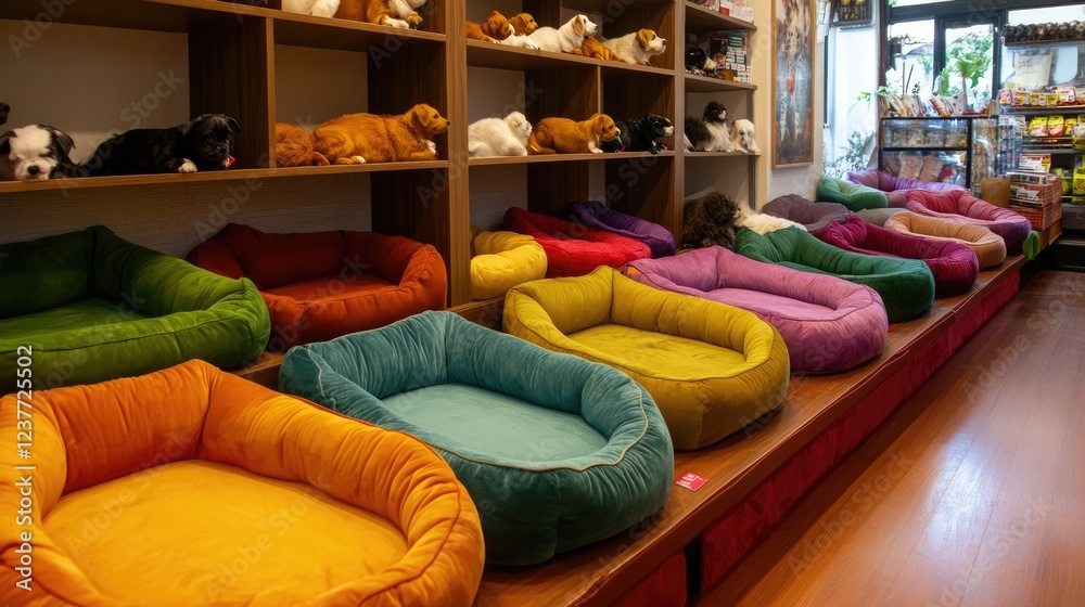 Obraz premium A row of colorful pet beds in different sizes neatly arranged in a pet store