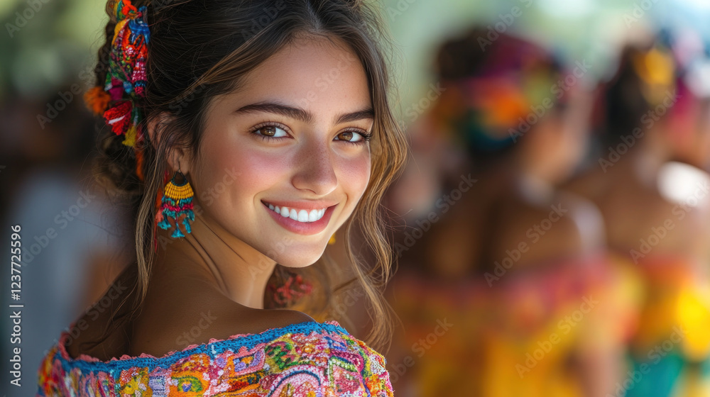Fototapeta premium Brunette woman wearing colorful huipil smiling enjoy vacation at street festival