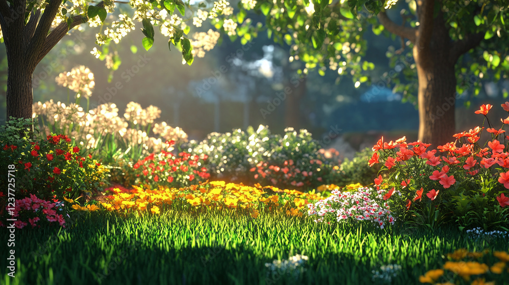 Fototapeta premium .A spring garden coming to life, vibrant flowers blooming, fresh green plants growing in the early sunshine