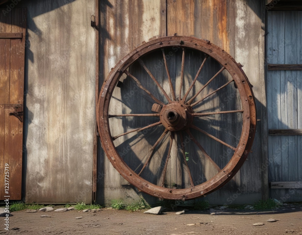 Old rusty iron wheel leaning against weathered metal shed, antique., wheel, old, metal, vintage
