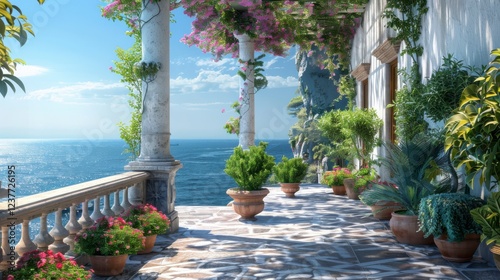 Serene Coastal Terrace with Vibrant Plants and Ocean View