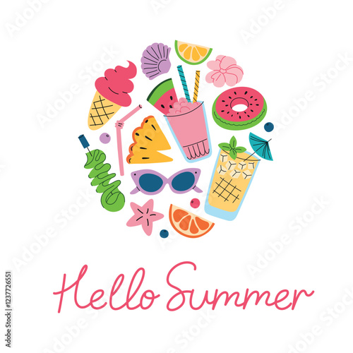 Summer greeting card with tropical drinks, fruits, ice cream, sunglasses, and beach elements. Vectr illustrations of cocktails. Bright and cheerful flat design with Hello Summer hand written text photo