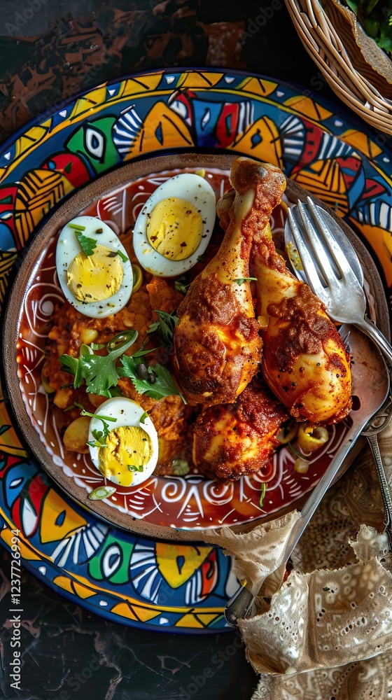 Fototapeta premium Doro wat Ethiopian stew with injera bread. AI generated illustration