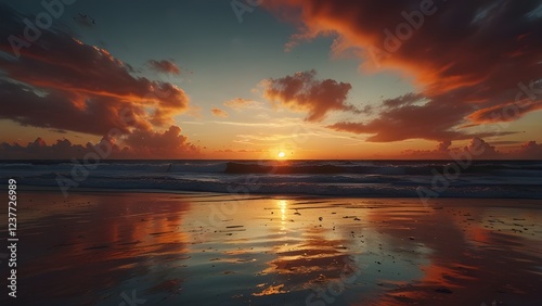 Dramatic view of a sunset in the right moment from the beach Generative AI