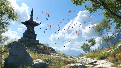 A scenic hilltop shrine with Mu-Telu prayer flags fluttering in the wind