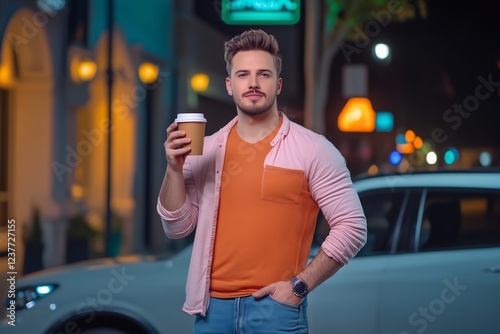 man casual shirt jeans car coffee relaxed photo