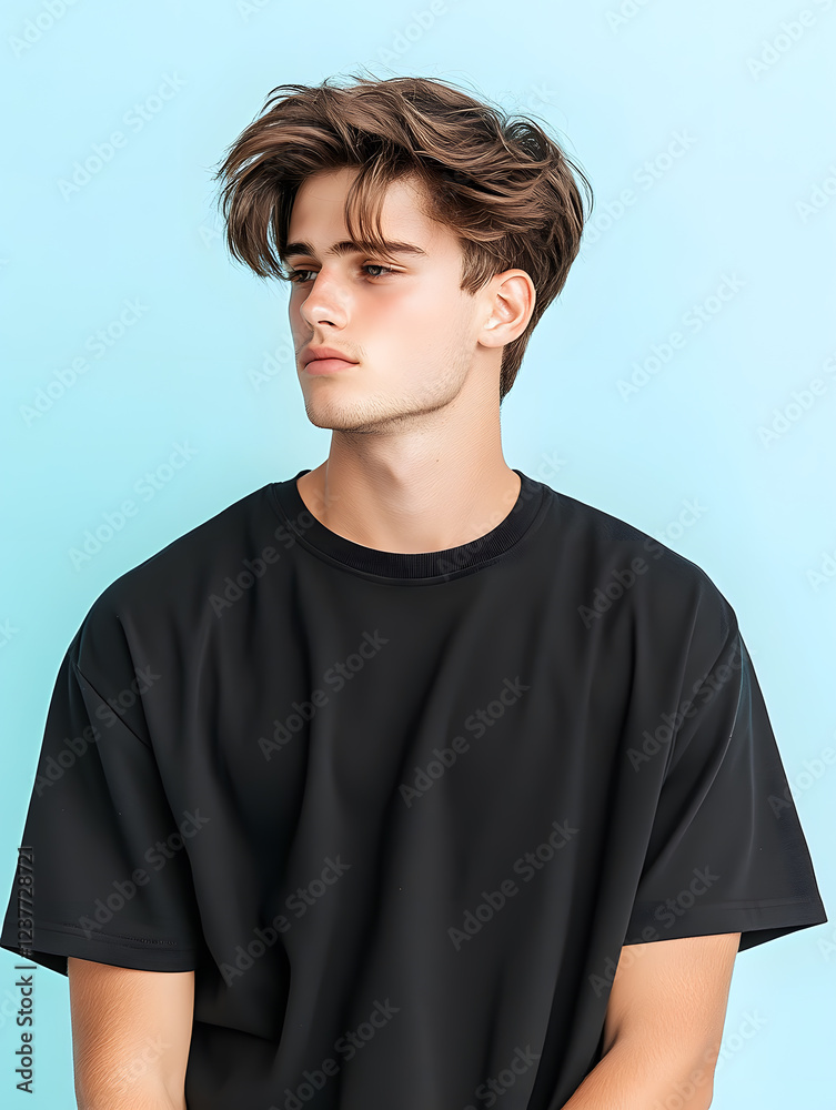 The teenager wear an oversized t-shirt and smiled casually. Take dynamic vertical photos. The teenager wear an oversized t-shirt and smiled casually. Take dynamic vertical photos.