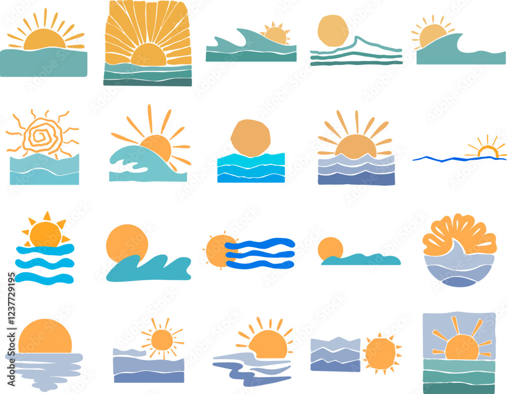 Fototapeta premium Sun and ocean wave flat design illustration for decoration on summer, nautical and summer holiday event.