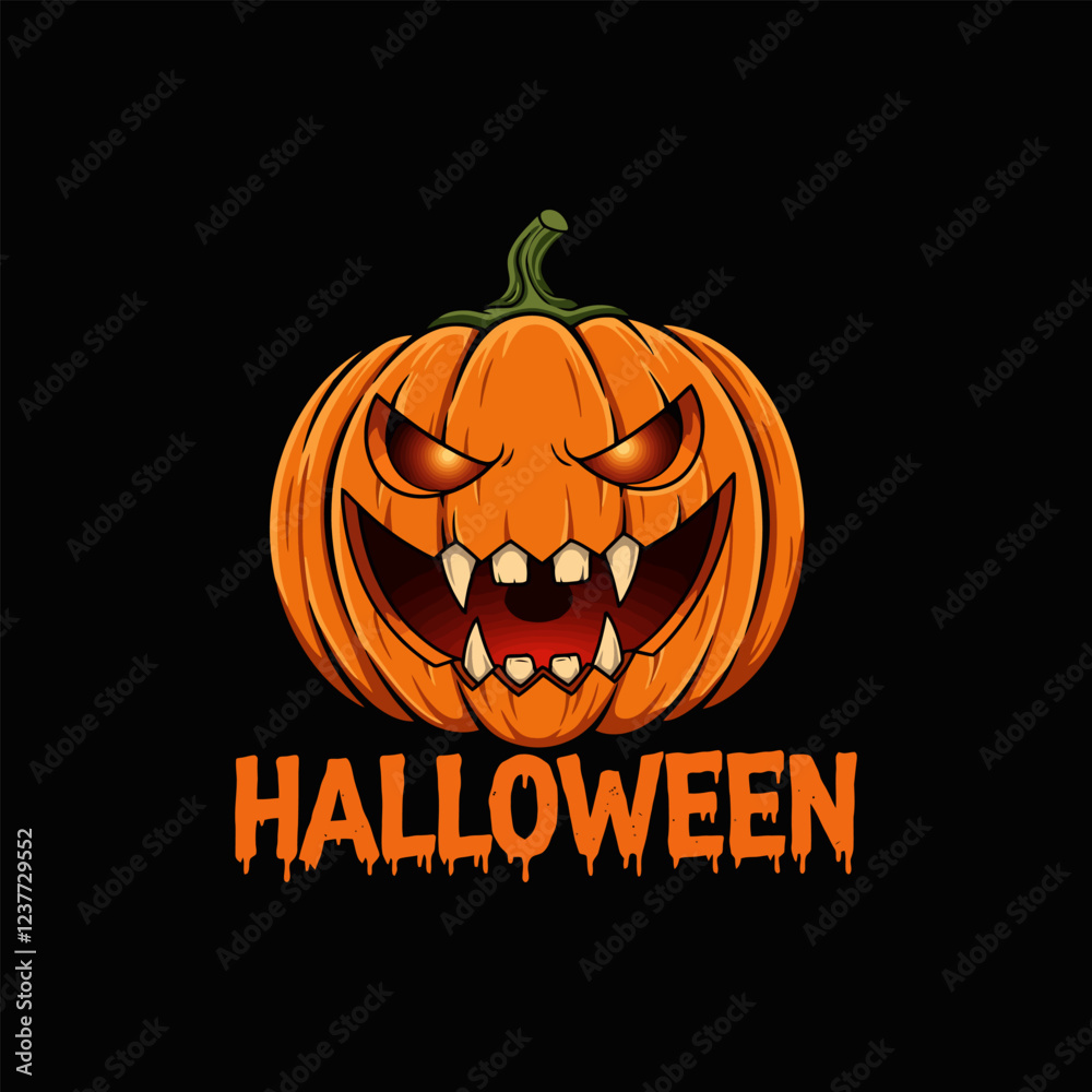 Naklejka premium Frightening Halloween Pumpkin Glowing Eyes, Sharp Teeth, Cartoon Style