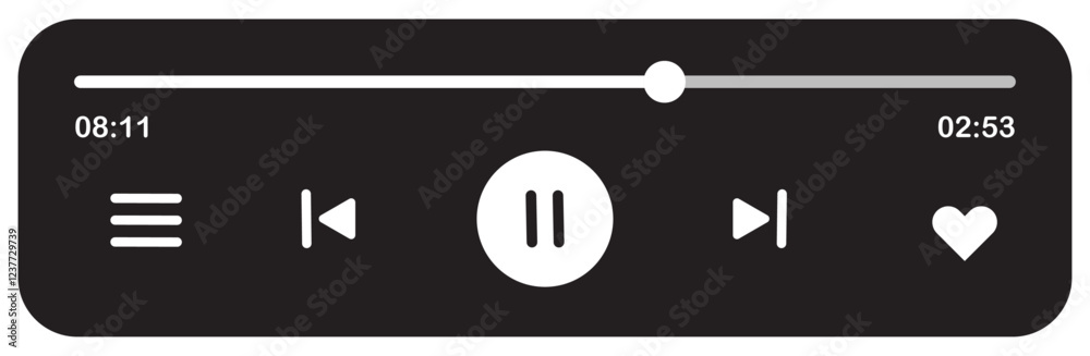 Minimalist black and white music player interface with pause button, progress bar, track duration, and playback controls for audio music media player interface template vector design icon. Minimalist black and white music player interface with pause button, progress bar, track duration, and playback controls for audio music media player interface template vector design icon.