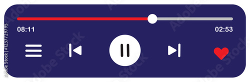 Music player interface UI,UX design. Music Player User Interface Design. Minimalist digital music player interface with playback controls, progress bar, heart button, and time display.