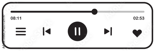 Music players for melodies, sounds, ringtones and more.   Minimalist music player interface with playback controls, progress bar, and favorite button in black and white, simple digital audio UI.