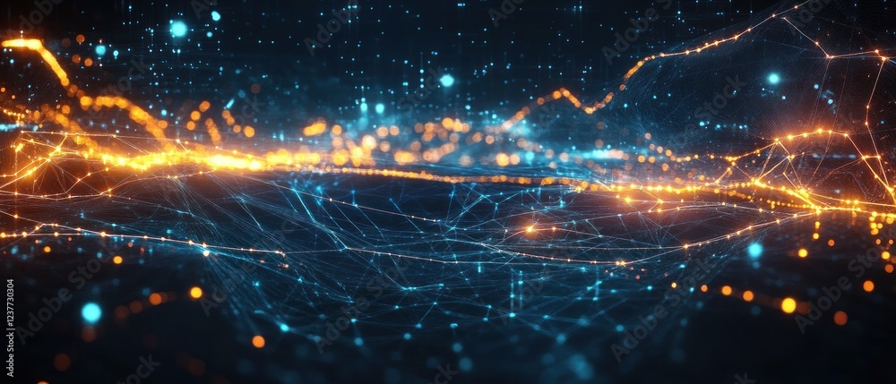 Obraz premium Abstract digital landscape with glowing lines and particles