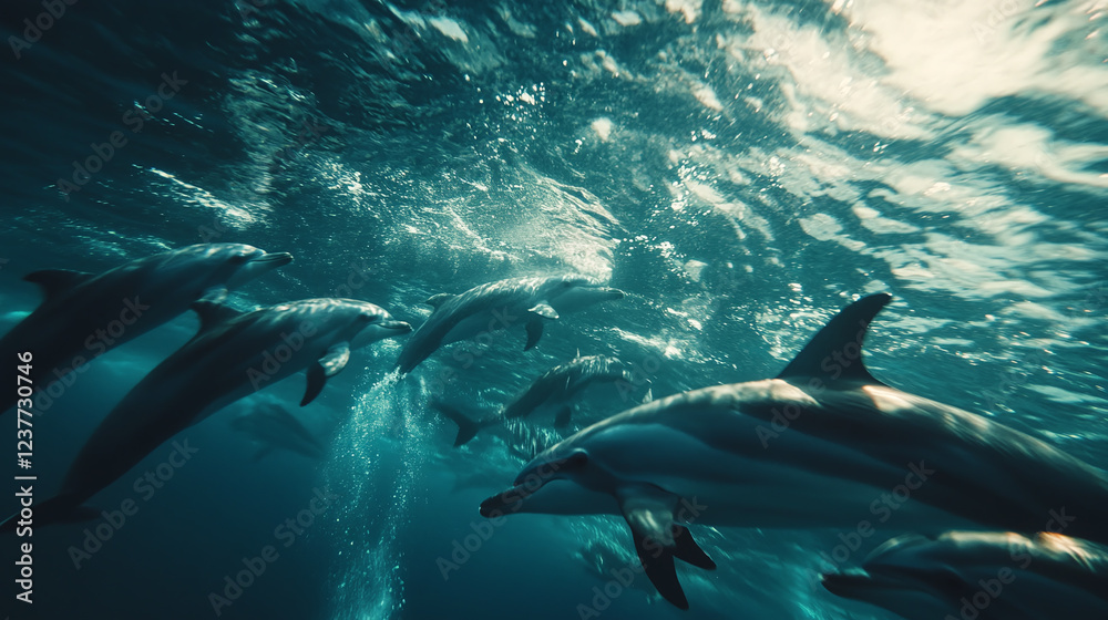 Obraz premium An epic underwater chase, a pod of dolphins evading a curious shark, the ocean world in motion with vibrant sea life