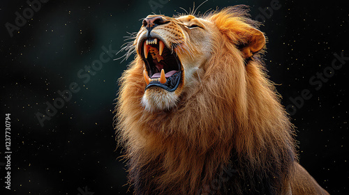 Majestic male lion roaring with mouth open, showcasing sharp teeth and mane against a dark background with golden sparkles.