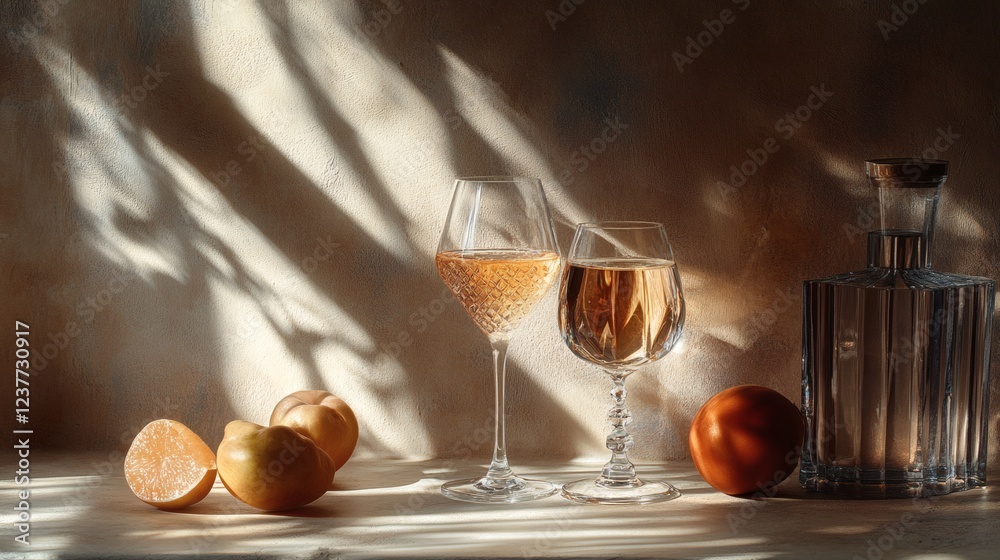 Still Life with Ros� Wine, Crystal Decanter, and Citrus Fruits in Sunlight