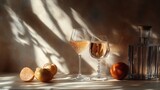 Still Life with Ros� Wine, Crystal Decanter, and Citrus Fruits in Sunlight
