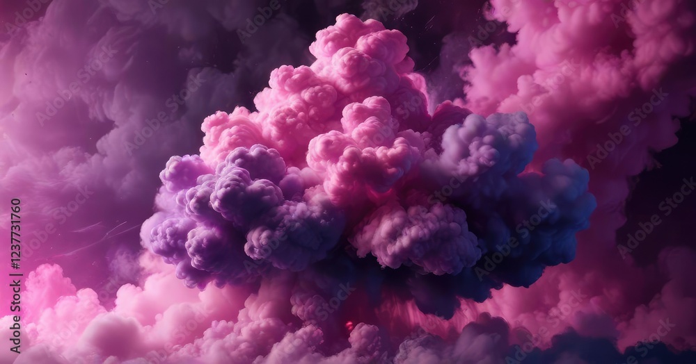 Fototapeta premium Pink purple cloud of smoke against a dark and ominous background, gloomy evening, dramatic sky, mysterious fog