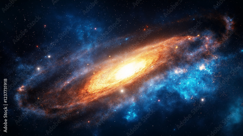 Fototapeta premium Cosmic Spiral Galaxy: A breathtaking view of a spiral galaxy, its vibrant orange and blue hues swirling in a cosmic dance, stars scattered like diamond dust across the inky black expanse.