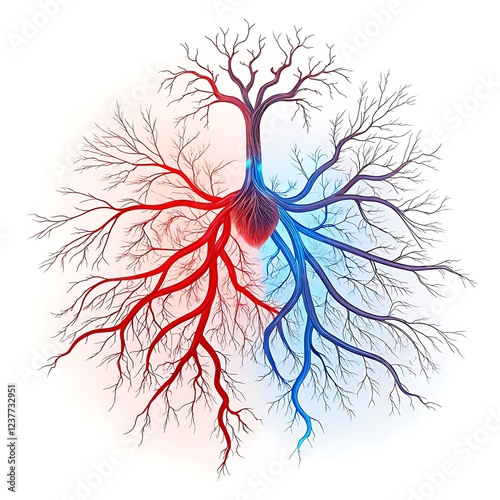 A pulsating mechanism with intricate branching conduits glowing with red and blue fluids photo