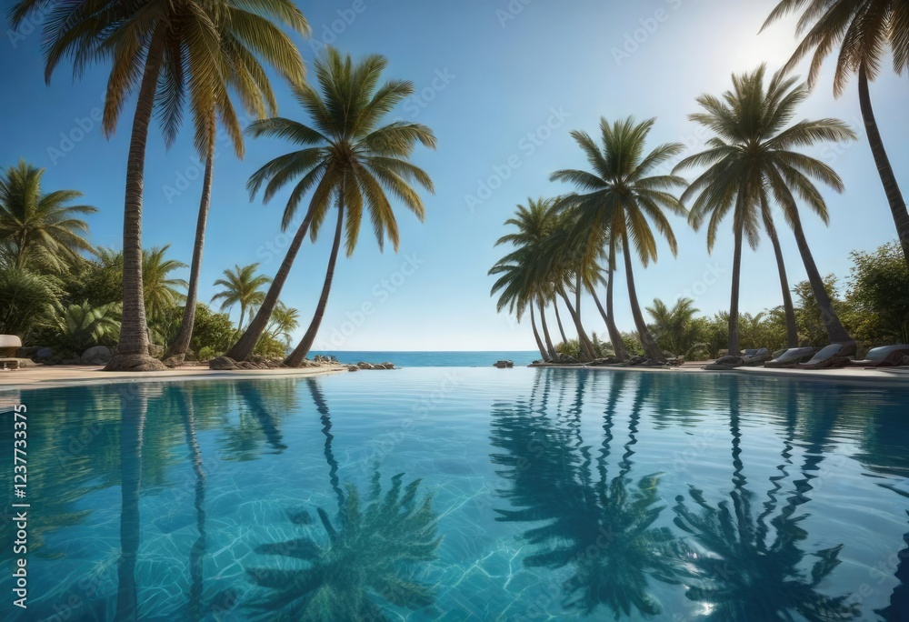 Reflections of palm trees in deep blue pool water, deep, palm trees Reflections of palm trees in deep blue pool water, deep, palm trees