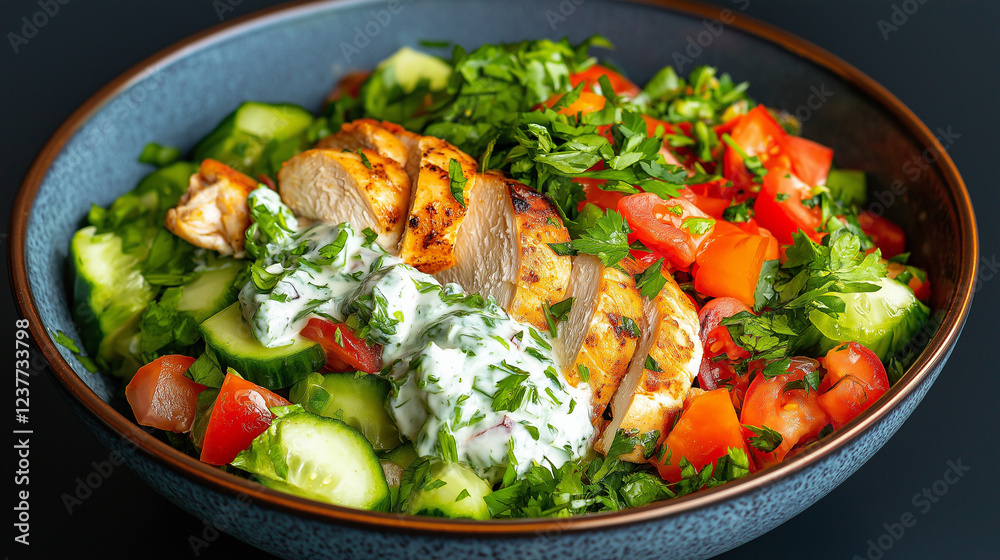 Grilled Chicken Salad Bowl: A vibrant and healthy grilled chicken salad bowl, featuring juicy grilled chicken breast, crisp cucumbers, ripe tomatoes, fresh parsley, and a creamy herb dressing. Grilled Chicken Salad Bowl: A vibrant and healthy grilled chicken salad bowl, featuring juicy grilled chicken breast, crisp cucumbers, ripe tomatoes, fresh parsley, and a creamy herb dressing.
