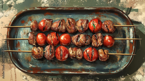 Barbecue kebab rusty vector metal plate. Meat and tomatoes pieces on skewers vintage rust tin sign. Grilled food retro poster, ferruginous price tag for street cafe, barbeque classic oriental recipe photo