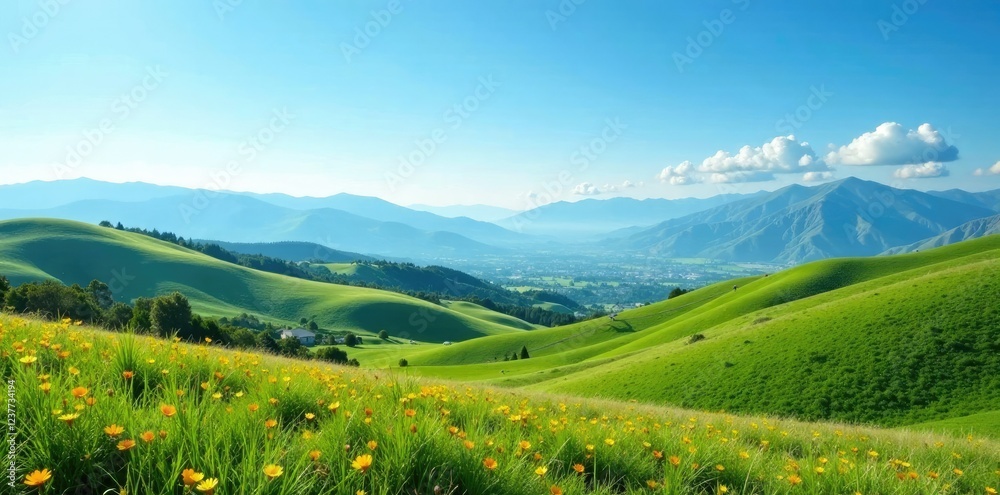 Fototapeta premium Rolling hills with distant mountains under a brilliant blue sky, scenery, vast, nature
