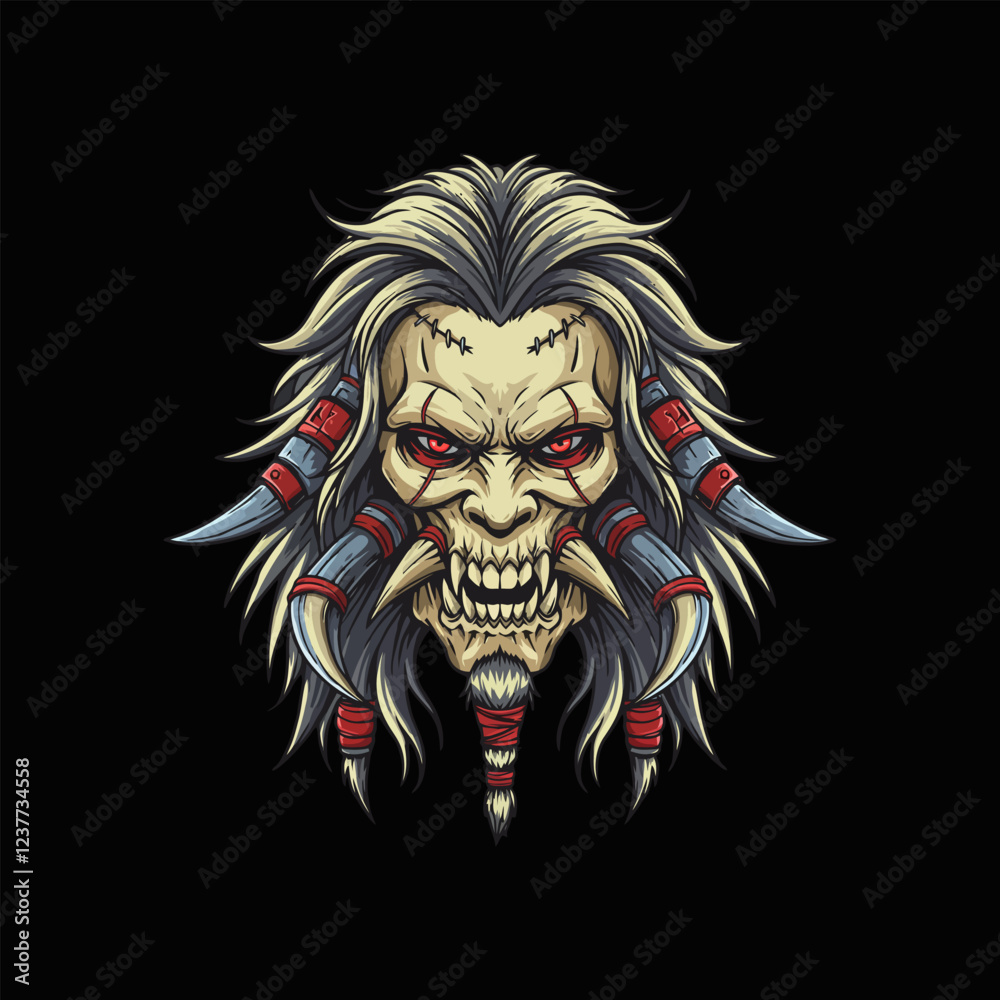 Obraz premium Ferocious Skull Warrior Gnarled Face, Tribal Tusks, Dark Art